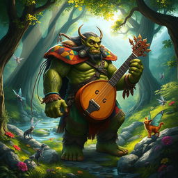 A vibrant and imaginative scene depicting a colossal orc bard in a lush fantasy forest