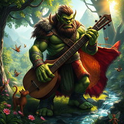 A vibrant and imaginative scene depicting a colossal orc bard in a lush fantasy forest
