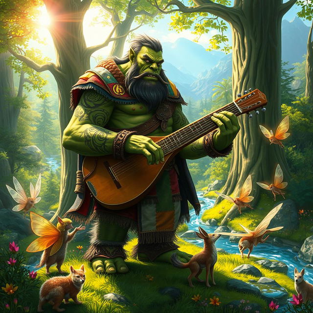 A vibrant and imaginative scene depicting a colossal orc bard in a lush fantasy forest