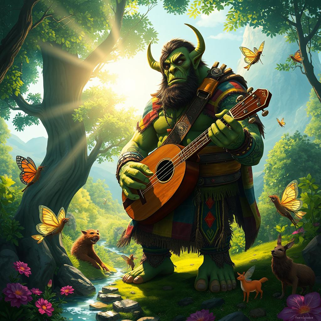 A vibrant and imaginative scene depicting a colossal orc bard in a lush fantasy forest