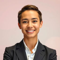 A stylish and professional profile picture showcasing a confident young adult with a warm smile