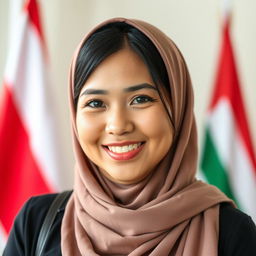A beautiful Muslim Indonesian woman with medium-length dark hair and a warm, friendly smile, showcasing her large chest