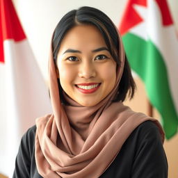 A beautiful Muslim Indonesian woman with medium-length dark hair and a warm, friendly smile, showcasing her large chest