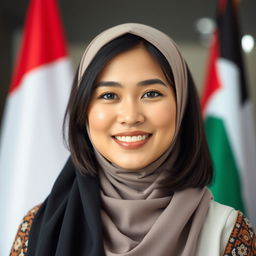 A beautiful Muslim Indonesian woman with medium-length dark hair and a warm, friendly smile, showcasing her large chest