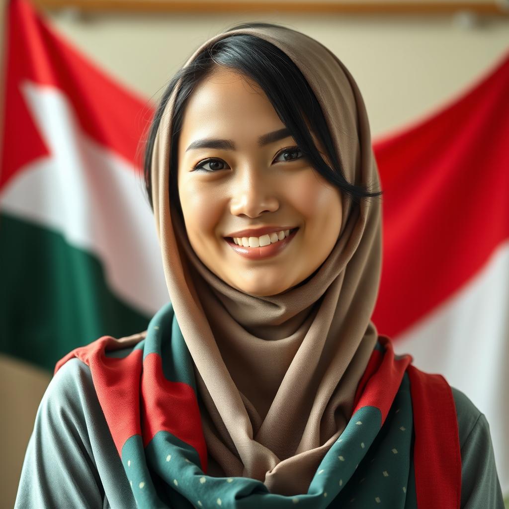 A beautiful Muslim Indonesian woman with medium-length dark hair and a warm, friendly smile, showcasing her large chest