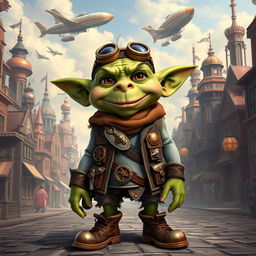A whimsical steampunk goblin dressed in adventurous explorer attire