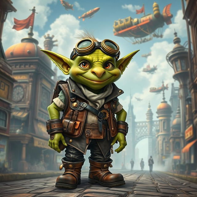 A whimsical steampunk goblin dressed in adventurous explorer attire