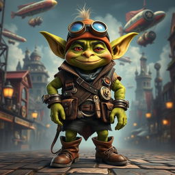 A whimsical steampunk goblin dressed in adventurous explorer attire