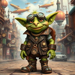 A whimsical steampunk goblin dressed in adventurous explorer attire