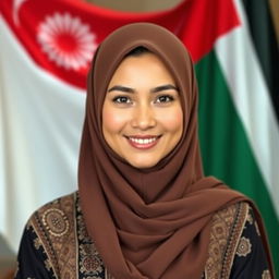 A beautiful Muslim woman with large breasts, of Central Asian mixed heritage, exuding kindness and warmth