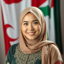 A beautiful Muslim woman with large breasts, of Central Asian mixed heritage, exuding kindness and warmth