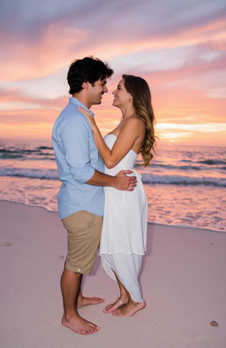 A romantic couple embracing each other in a serene sunset setting on a beach