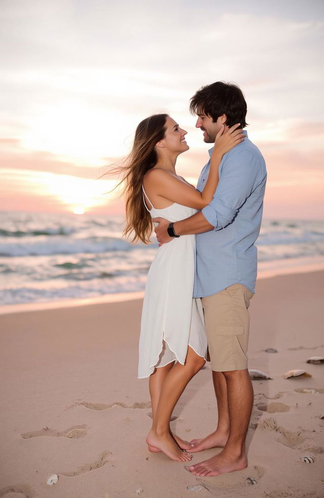 A romantic couple embracing each other in a serene sunset setting on a beach