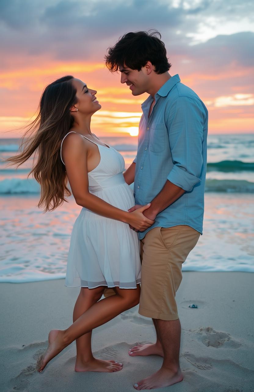 A romantic couple embracing each other in a serene sunset setting on a beach