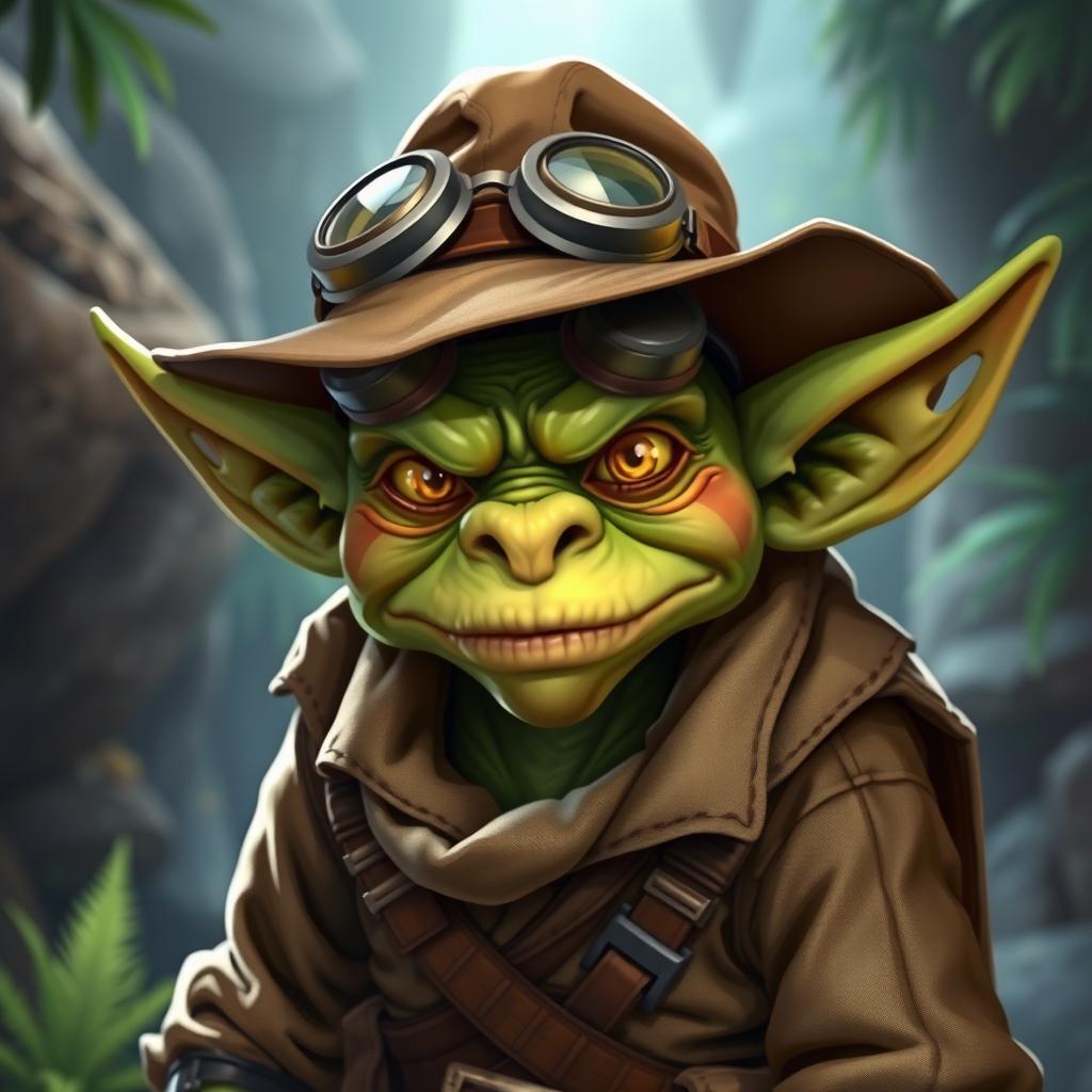 A mischievous goblin styled like Indiana Jones, wearing rugged explorer clothing complete with a wide-brimmed hat, and pilot goggles positioned on the forehead