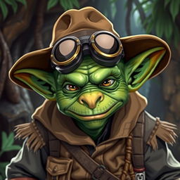 A mischievous goblin styled like Indiana Jones, wearing rugged explorer clothing complete with a wide-brimmed hat, and pilot goggles positioned on the forehead
