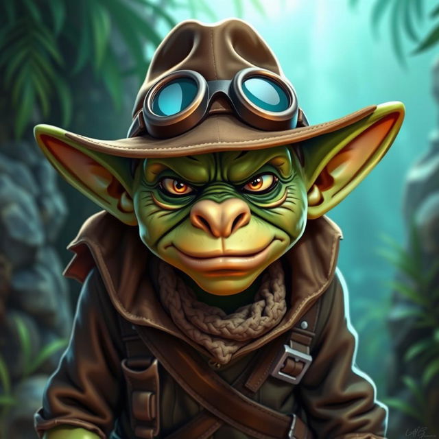 A mischievous goblin styled like Indiana Jones, wearing rugged explorer clothing complete with a wide-brimmed hat, and pilot goggles positioned on the forehead