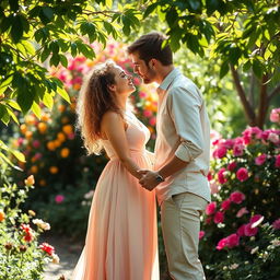 A romantic couple sharing a tender moment in a lush garden filled with blooming flowers and greenery
