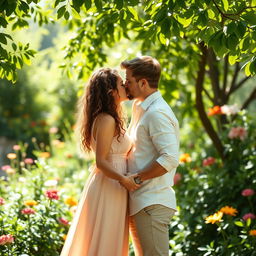 A romantic couple sharing a tender moment in a lush garden filled with blooming flowers and greenery