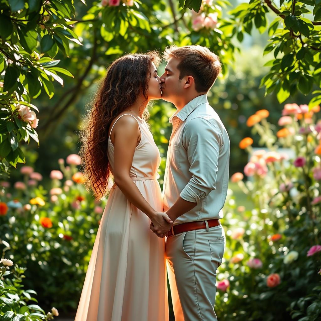 A romantic couple sharing a tender moment in a lush garden filled with blooming flowers and greenery