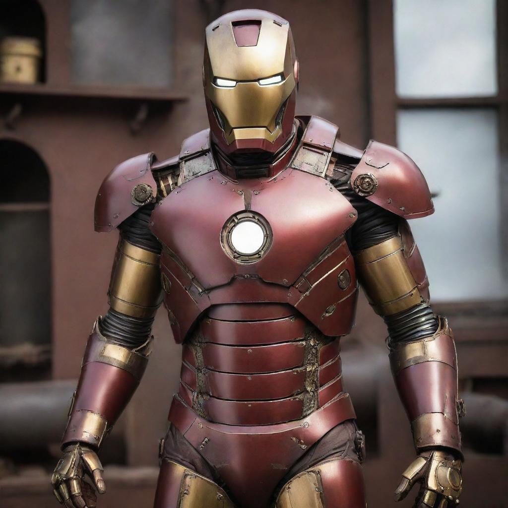 A Steampunk interpretation of Iron Man's suit, merging Victorian design with steam-powered machinery. Brass and leather replace the classic red and gold, gears and cogs visibly turn, and smoke billows out from an old-fashioned boiler yet maintaining the iconic helmet and chest arc reactor