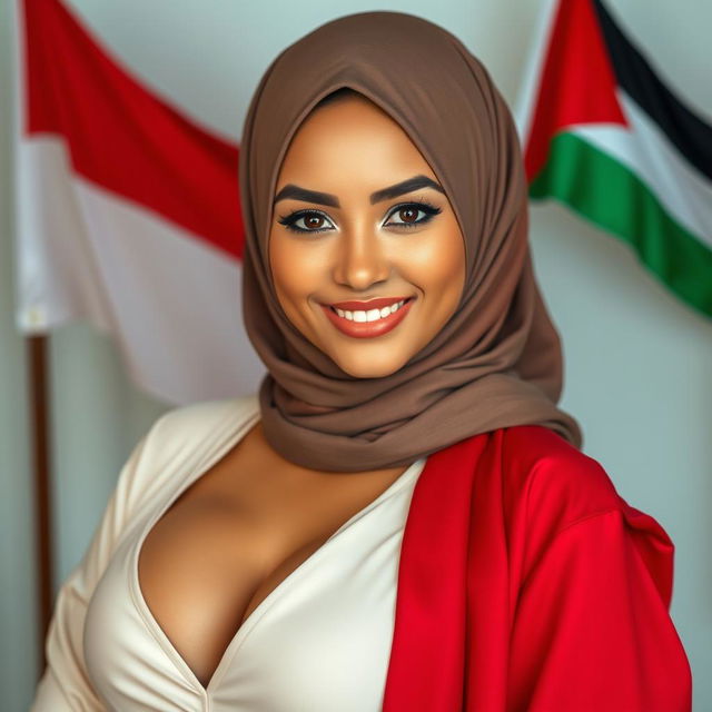 A stunning Muslim woman with large breasts, of European mixed heritage, radiating allure and charm