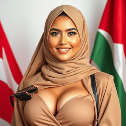 A stunning Muslim woman with large breasts, of European mixed heritage, radiating allure and charm