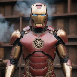 A Steampunk interpretation of Iron Man's suit, merging Victorian design with steam-powered machinery. Brass and leather replace the classic red and gold, gears and cogs visibly turn, and smoke billows out from an old-fashioned boiler yet maintaining the iconic helmet and chest arc reactor