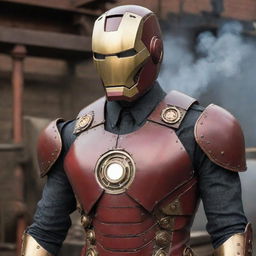 A Steampunk interpretation of Iron Man's suit, merging Victorian design with steam-powered machinery. Brass and leather replace the classic red and gold, gears and cogs visibly turn, and smoke billows out from an old-fashioned boiler yet maintaining the iconic helmet and chest arc reactor