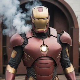 A Steampunk interpretation of Iron Man's suit, merging Victorian design with steam-powered machinery. Brass and leather replace the classic red and gold, gears and cogs visibly turn, and smoke billows out from an old-fashioned boiler yet maintaining the iconic helmet and chest arc reactor