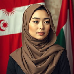 A gorgeous Muslim woman with large breasts, of Central Asian mixed heritage, radiating wisdom and piety