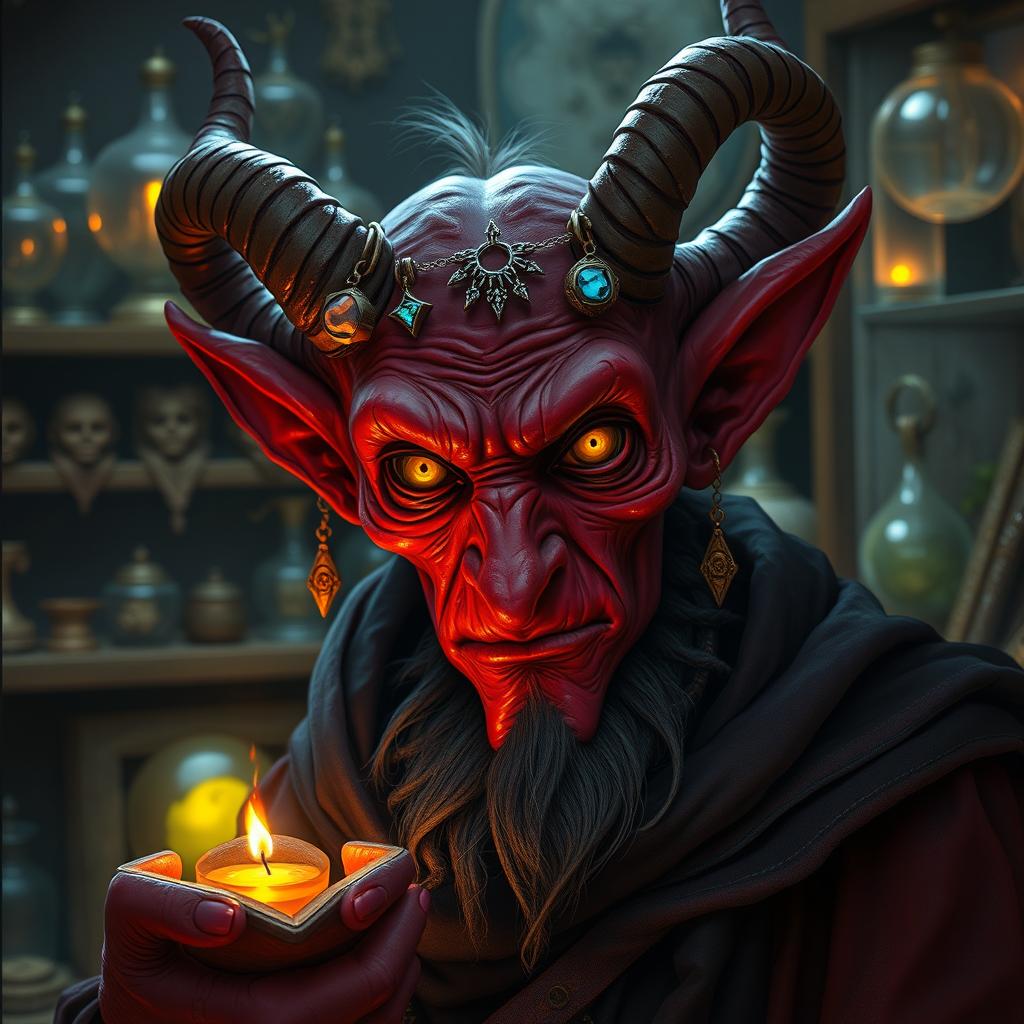 A whimsical and eccentric tiefling wizard specializing in trading magical artifacts and exotic objects
