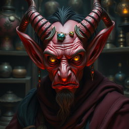 A whimsical and eccentric tiefling wizard specializing in trading magical artifacts and exotic objects
