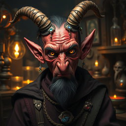 A whimsical and eccentric tiefling wizard specializing in trading magical artifacts and exotic objects