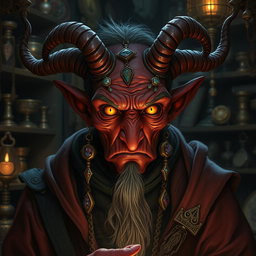 A whimsical and eccentric tiefling wizard specializing in trading magical artifacts and exotic objects
