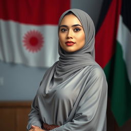 A beautiful Muslim woman with large breasts, of Central Asian mixed heritage, embodying wisdom and piety
