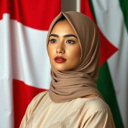 A beautiful Muslim woman with large breasts, of Central Asian mixed heritage, embodying wisdom and piety
