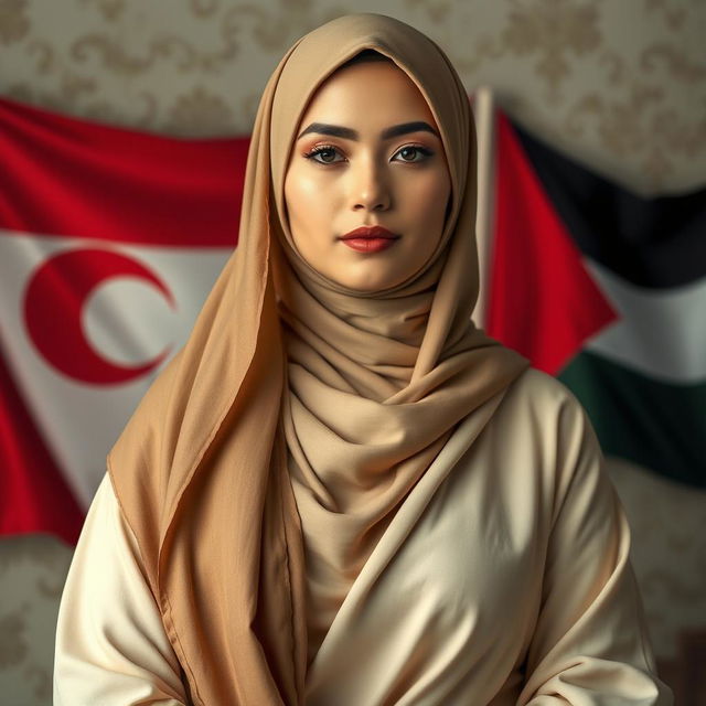 An exceptionally beautiful Muslim woman with large breasts, of Central Asian mixed heritage, embodying wisdom and piety