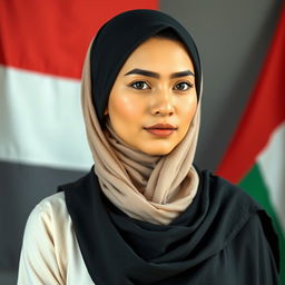 An exceptionally beautiful Muslim woman with large breasts, of Central Asian mixed heritage, embodying wisdom and piety