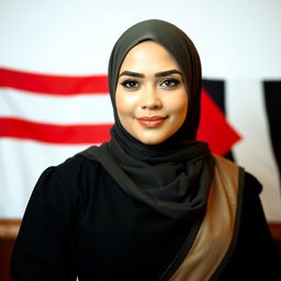 An extremely beautiful Muslim woman with large breasts, of Indonesian and French mixed heritage, exuding wisdom and piety