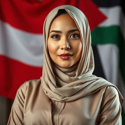 An extremely beautiful Muslim woman with large breasts, of Indonesian and French mixed heritage, exuding wisdom and piety
