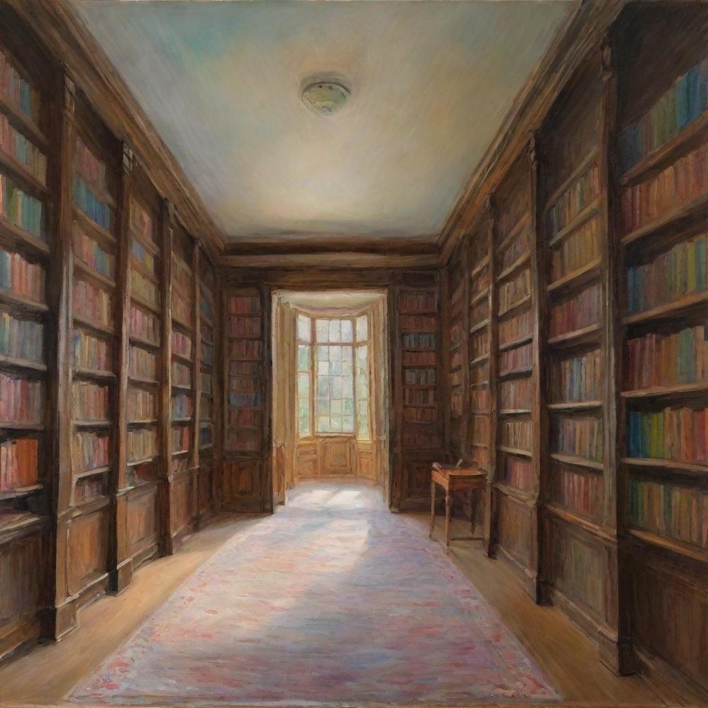 Create a soothing image of a library in Claude Monet's impressionistic style. Rows of bookshelves are captured with vibrant and dynamic brush strokes, the light and shadows playing across the room emphasize the peaceful and intellectual ambiance.