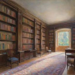 Create a soothing image of a library in Claude Monet's impressionistic style. Rows of bookshelves are captured with vibrant and dynamic brush strokes, the light and shadows playing across the room emphasize the peaceful and intellectual ambiance.