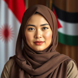 A stunningly beautiful Muslim woman with large breasts, of Indonesian and Asian mixed heritage, exuding wisdom and piety