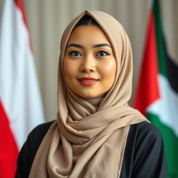 A stunningly beautiful Muslim woman with large breasts, of Indonesian and Asian mixed heritage, exuding wisdom and piety