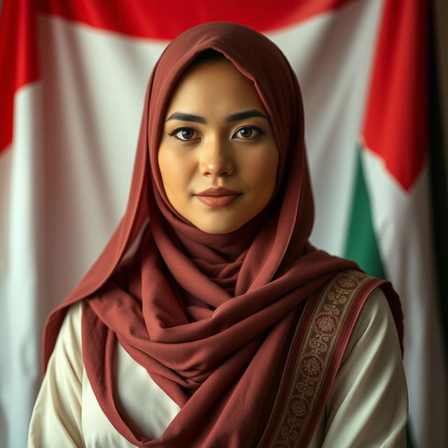 A stunningly beautiful Muslim woman with large breasts, of Indonesian and Asian mixed heritage, exuding wisdom and piety