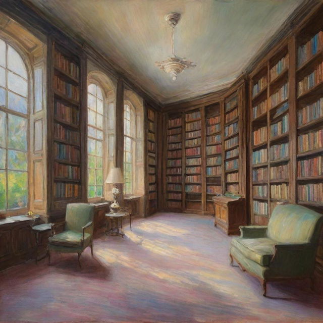 Create a soothing image of a library in Claude Monet's impressionistic style. Rows of bookshelves are captured with vibrant and dynamic brush strokes, the light and shadows playing across the room emphasize the peaceful and intellectual ambiance.