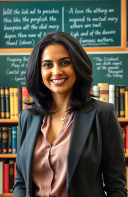 A portrait of a confident and elegant woman named Manal Abo Elnasr, who is an English teacher