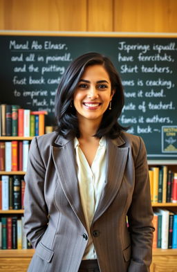A portrait of a confident and elegant woman named Manal Abo Elnasr, who is an English teacher
