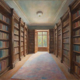 Create a soothing image of a library in Claude Monet's impressionistic style. Rows of bookshelves are captured with vibrant and dynamic brush strokes, the light and shadows playing across the room emphasize the peaceful and intellectual ambiance.